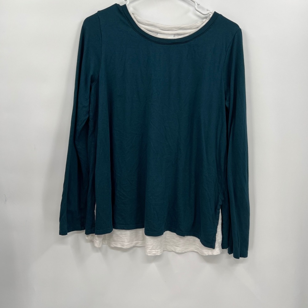 J. Jill S Layered Long Sleeve Top Womens‎ Teal White Cotton Tencel Modal Slub